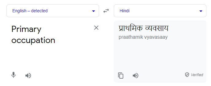 Primary Occupation meaning in hindi